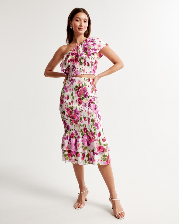 Smocked Midi Skirt, Pink Floral