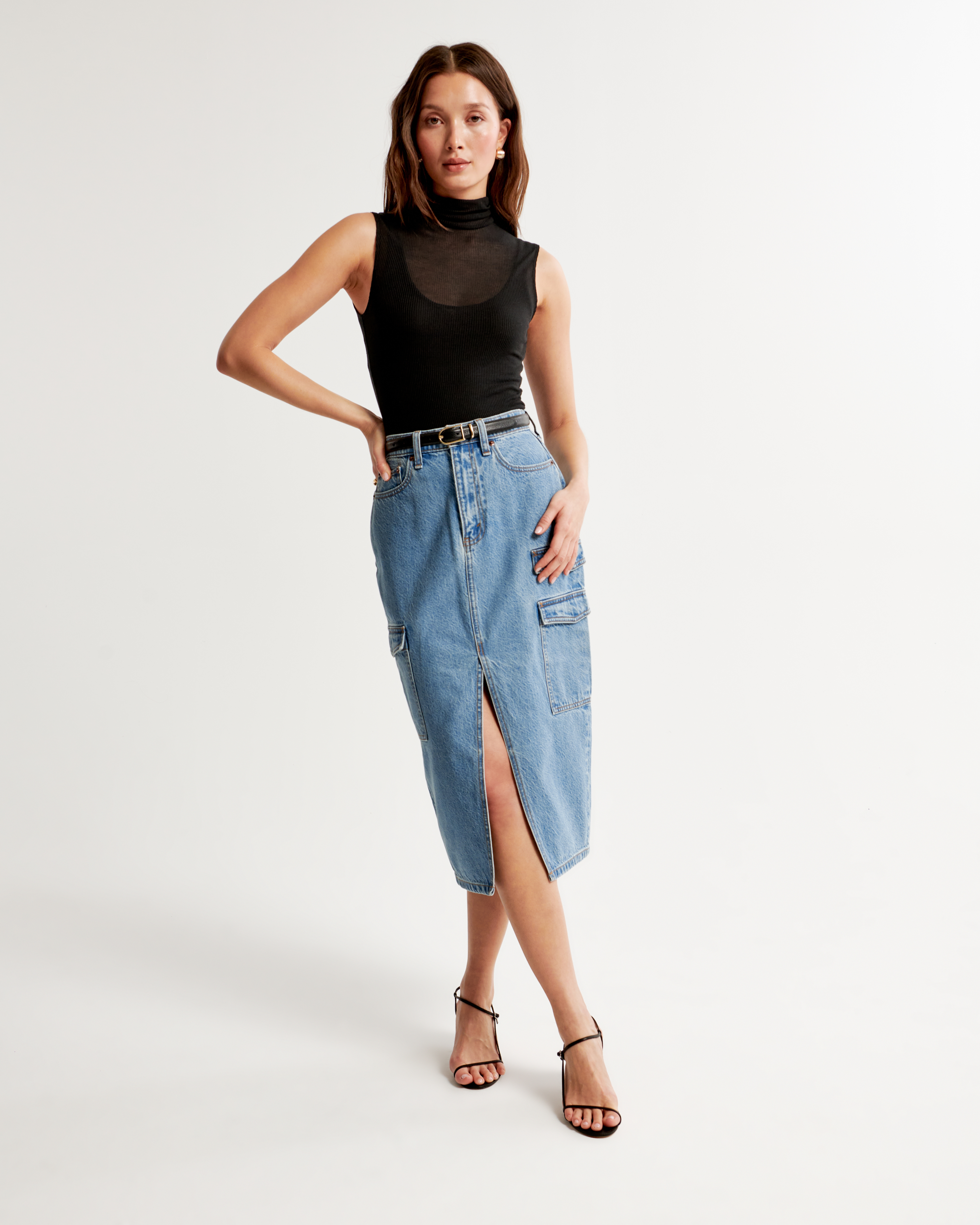 Women s Denim Cargo Midi Skirt Women s Bottoms Abercrombie