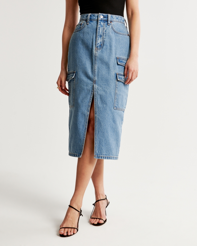 Denim Cargo Midi Skirt