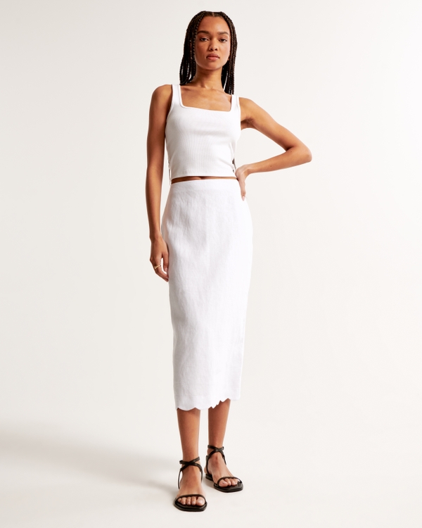 Premium Linen Scallop-Hem Midi Skirt