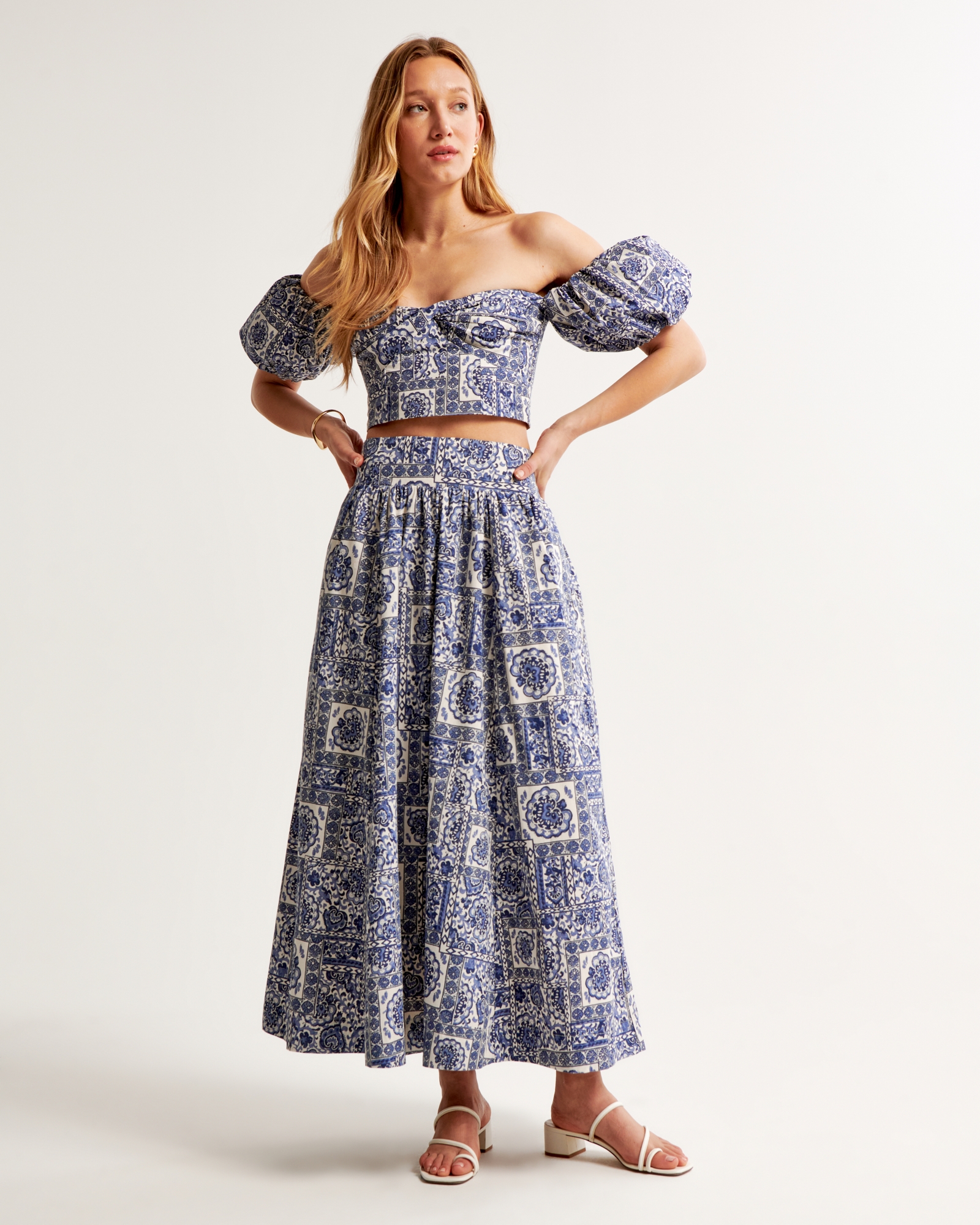 Pattern Mixed Poplin Tiered Maxi Skirt