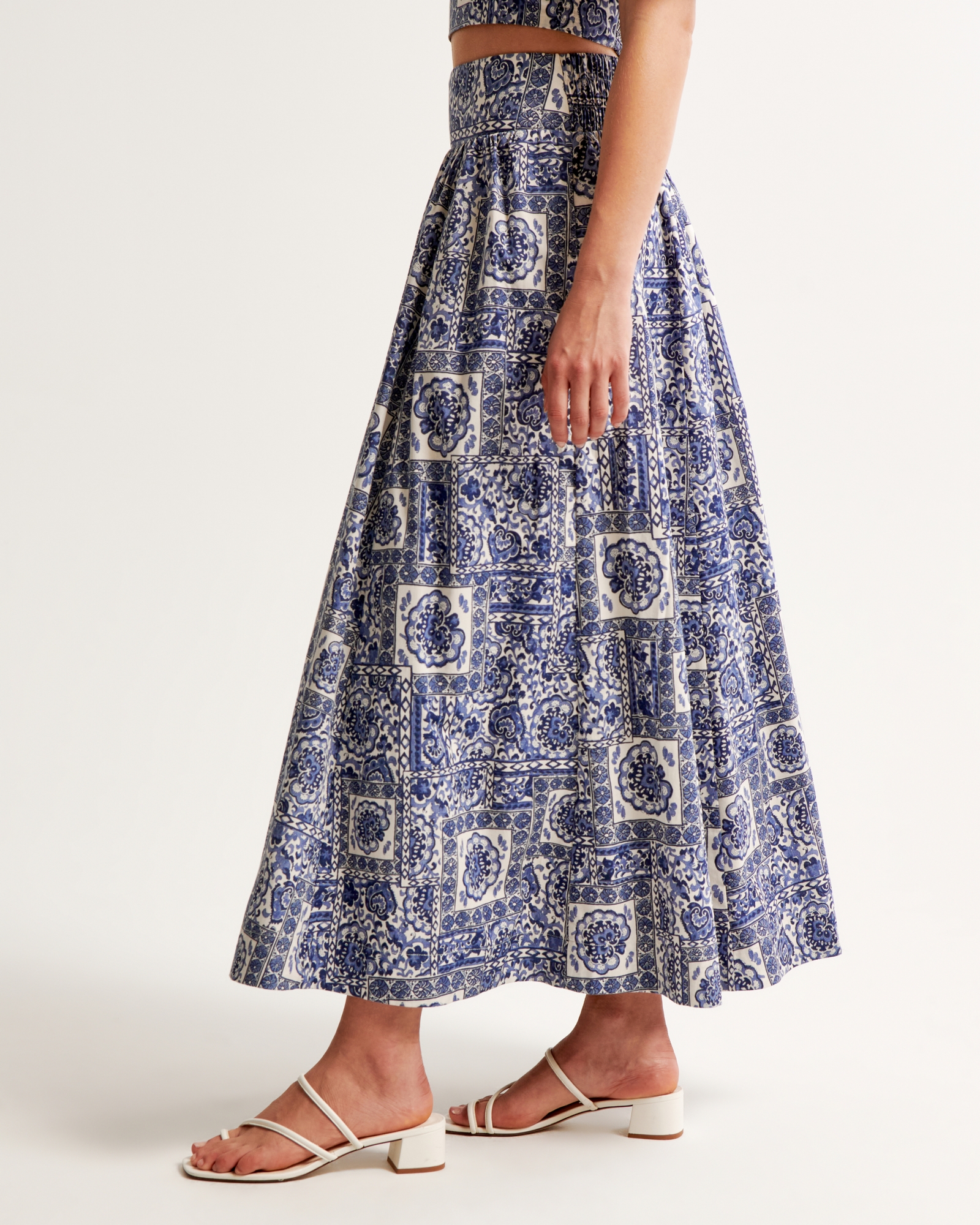 Pattern Mixed Poplin Tiered Maxi Skirt