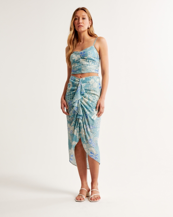 Ruched Flowy Midi Skirt, Blue Floral