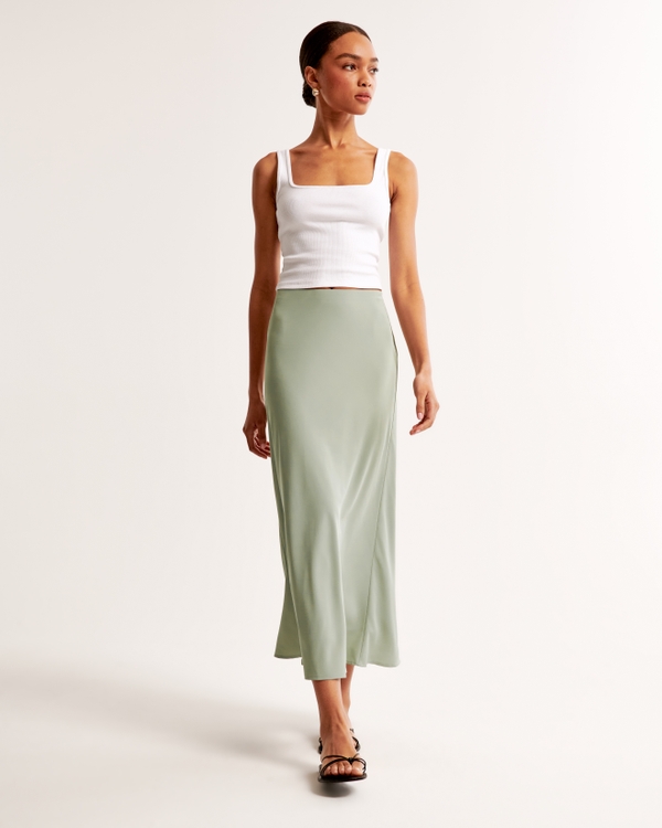 Mid Rise Satin Maxi Skirt, Slate Green