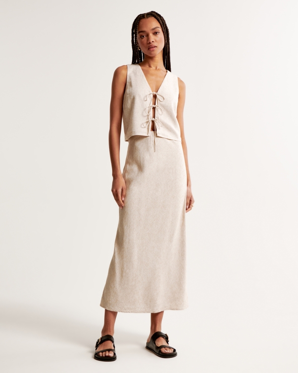 Linen-Blend Column Maxi Skirt, Light Beige