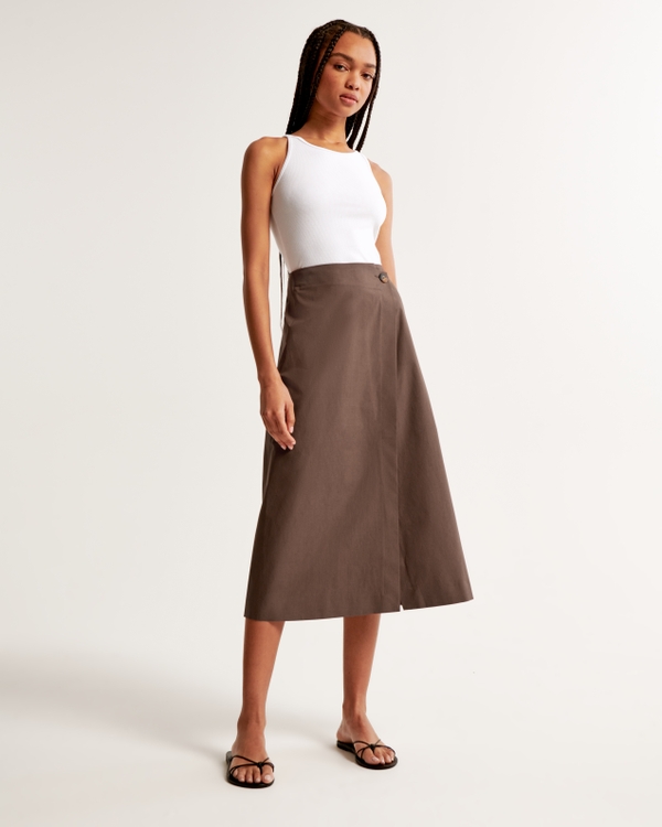 Poplin Wrap Midi Skirt, Brown