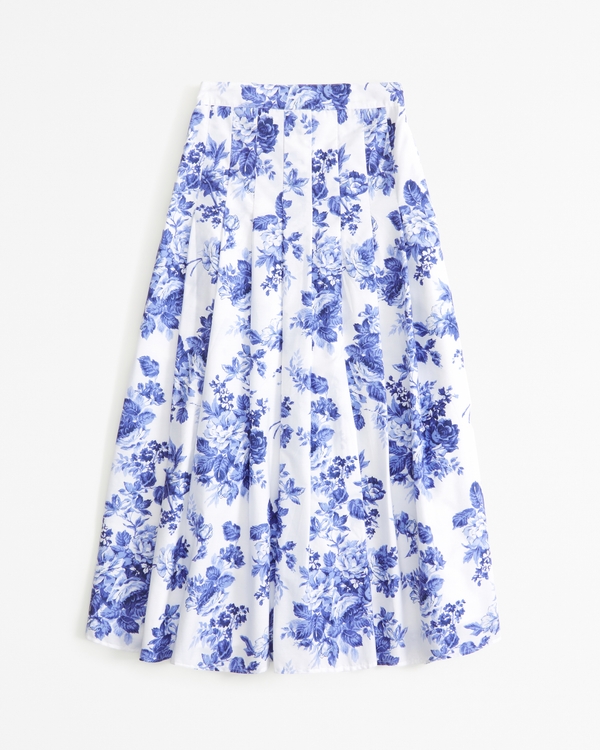 Poplin Pleated Midi Skirt, Blue And White Floral