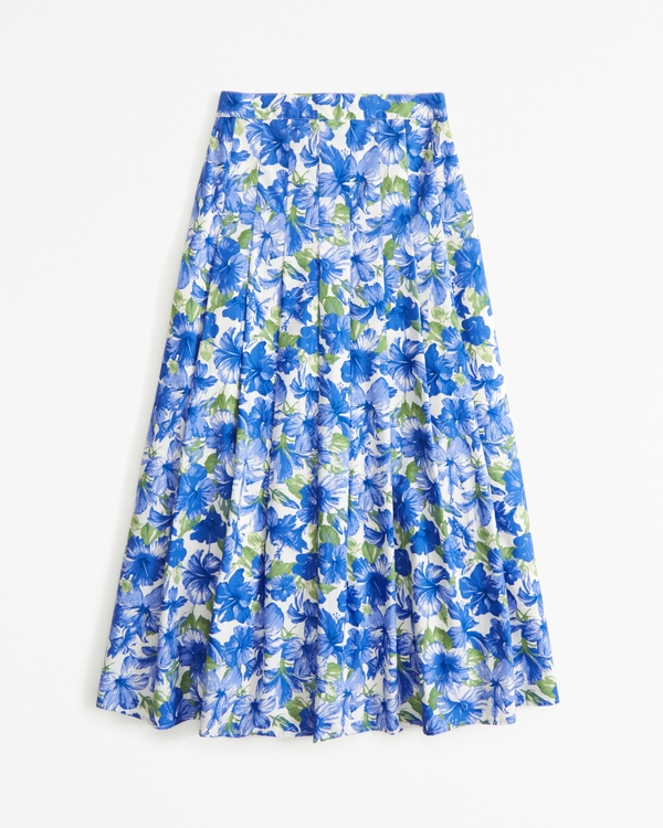 Poplin Pleated Midi Skirt, Blue Floral