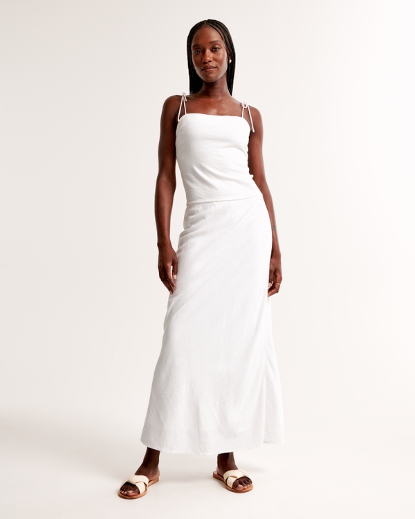 Linen-Blend Column Maxi Skirt, White