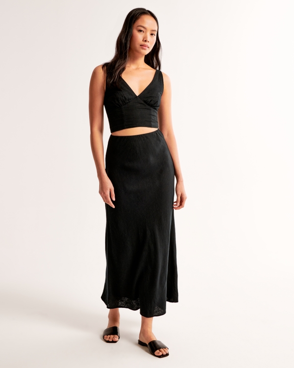 Linen-Blend Column Maxi Skirt, Black