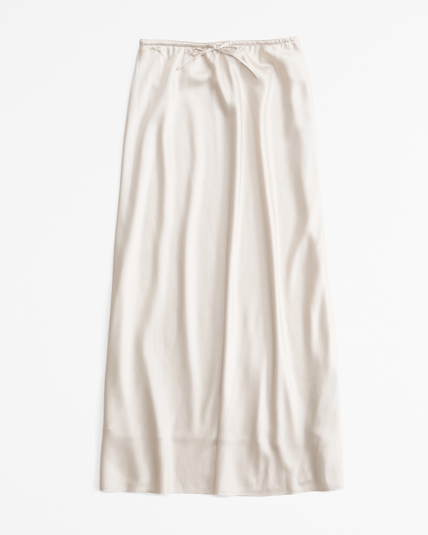 Mid Rise Satin Maxi Skirt, Warm Beige view 1