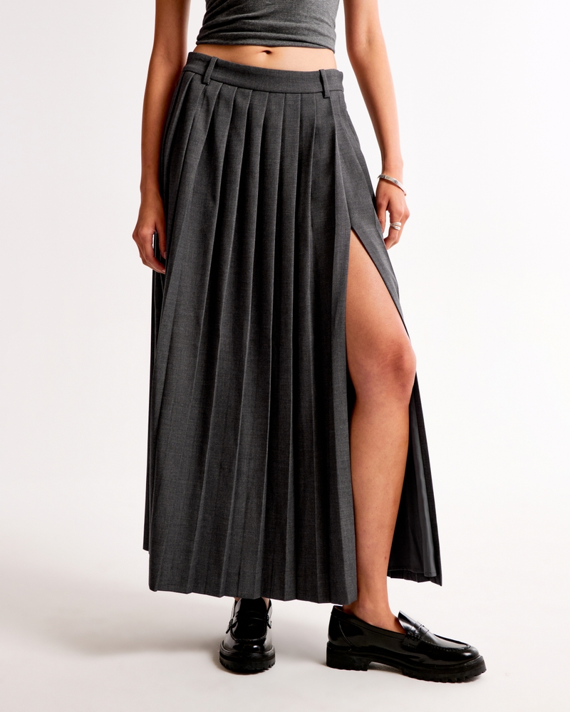 Mid Rise Pleated Maxi Skirt