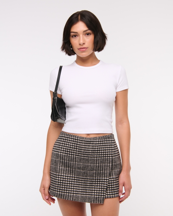 Mid Rise Wrap Skort, Black Plaid