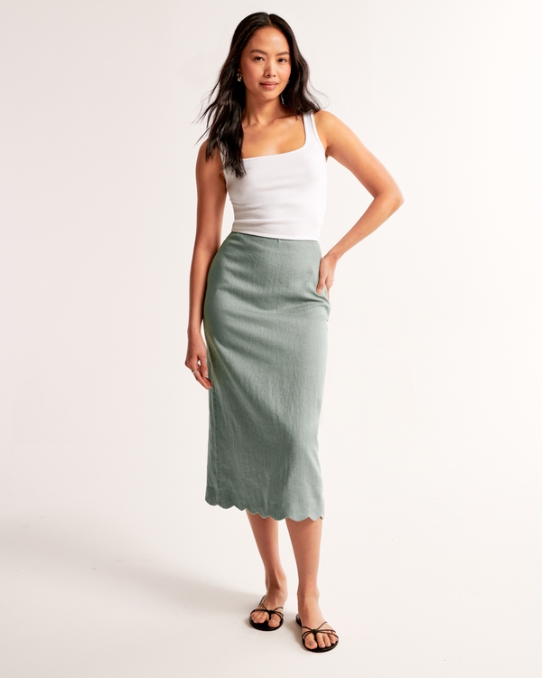 Premium Linen Scallop-Hem Midi Skirt, Sage