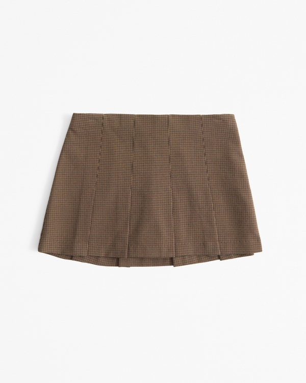 Mid Rise Pleated Mini Skort, Brown Plaid