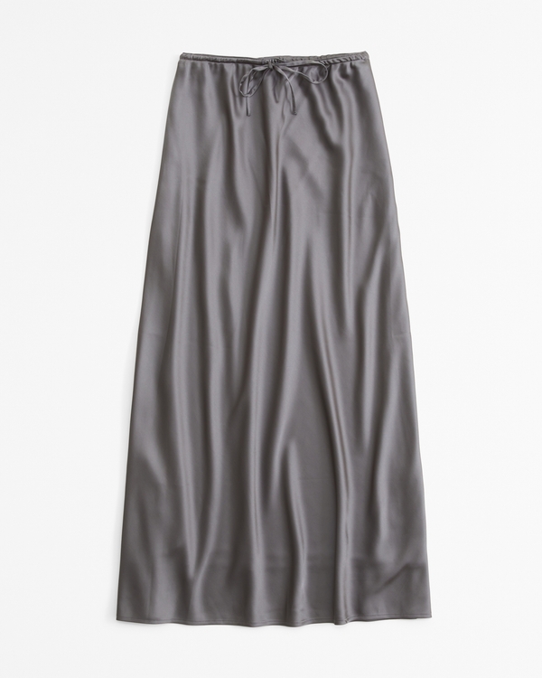 Mid Rise Satin Maxi Skirt, Dark Gray view 1