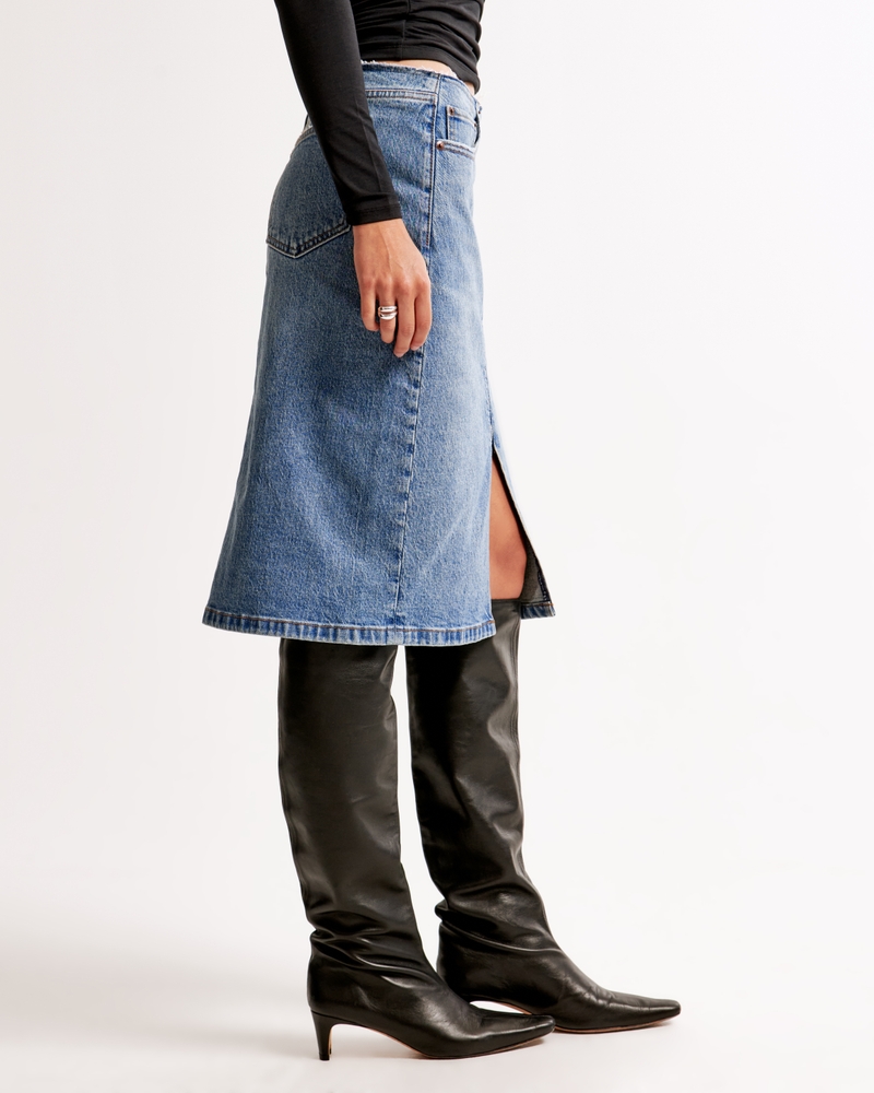 Mid Rise Denim Zip-Front Midi Skirt