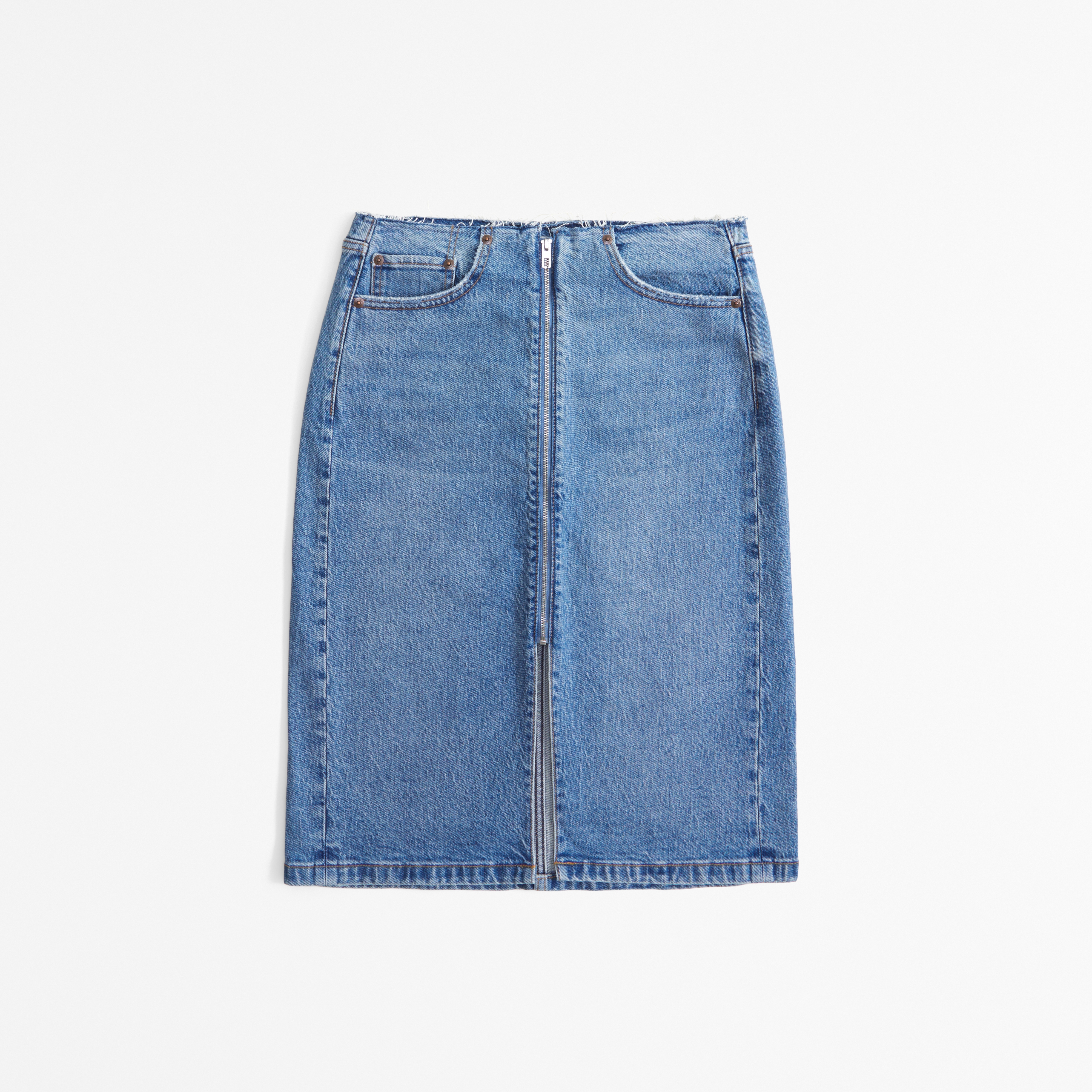 Abercrombie & Fitch Mid Rise Denim Zip-front Midi Skirt In Blue