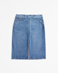 Mid Rise Denim Zip-Front Midi Skirt