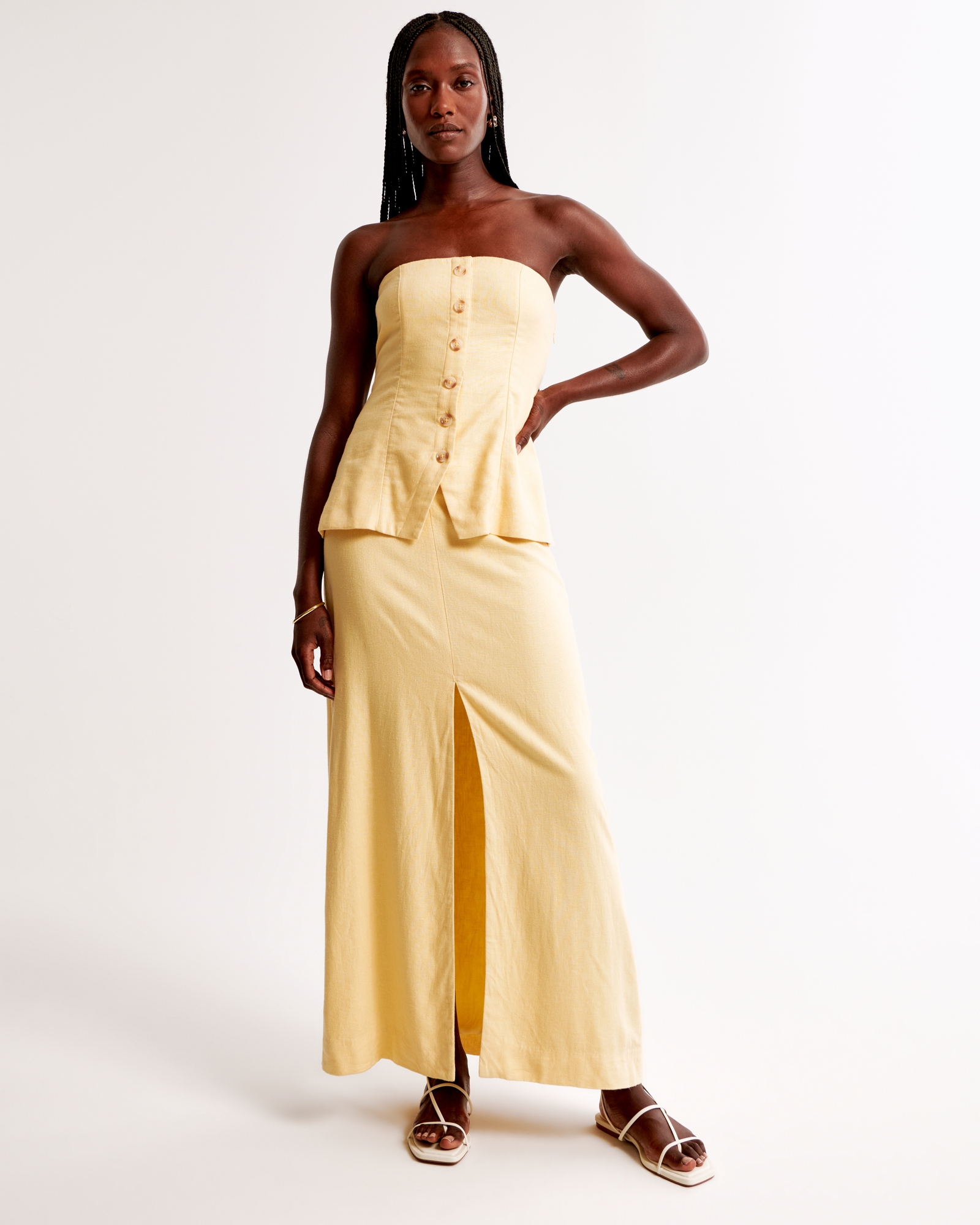 Linen-Blend Front-Slit Maxi Skirt