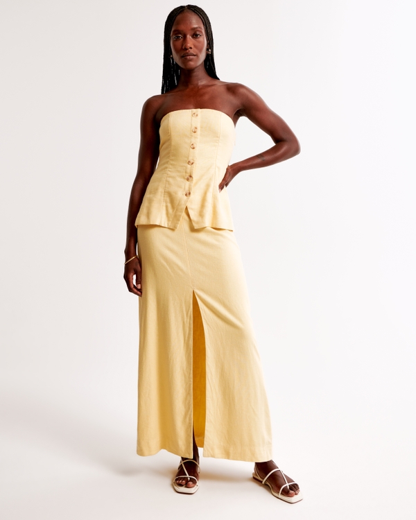 Linen-Blend Column Maxi Skirt, Sunny Yellow