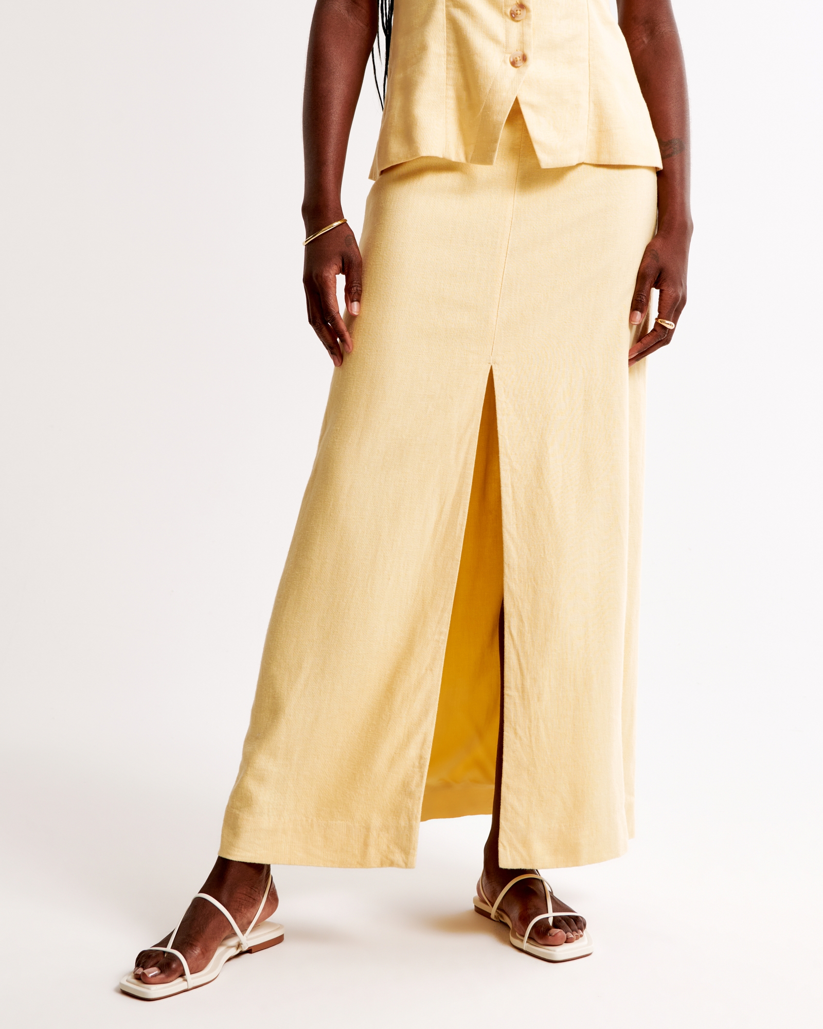 Linen-Blend Front-Slit Maxi Skirt