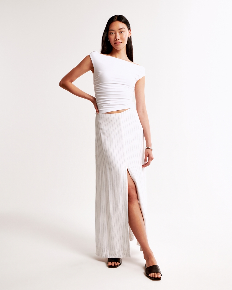 Linen-Blend Front-Slit Maxi Skirt
