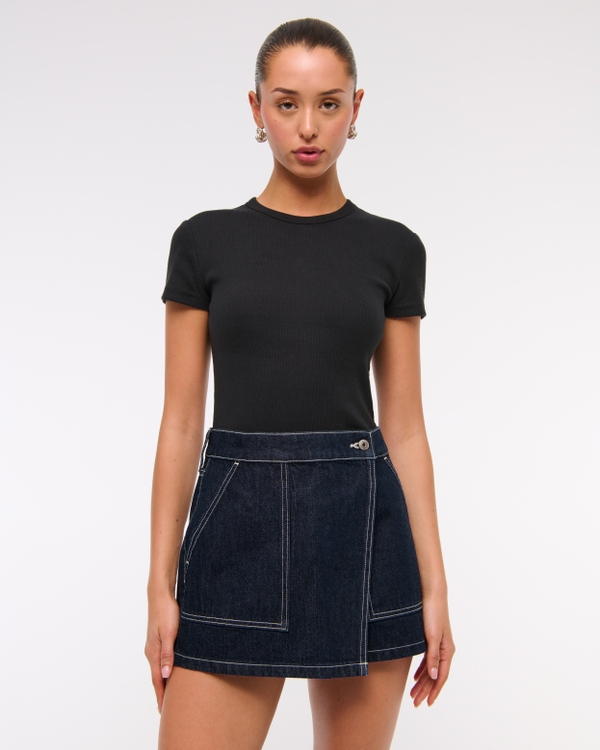 Mid Rise Denim Wrap Mini Skirt, Dark Denim