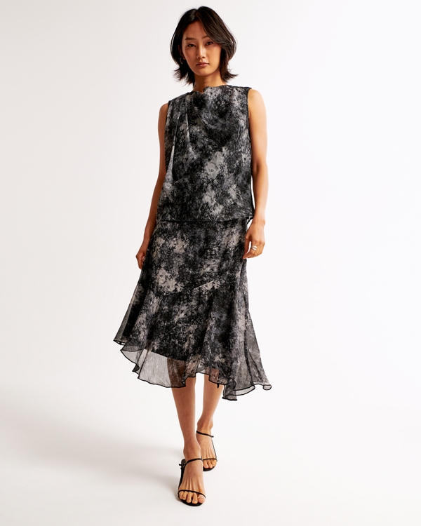 Crinkle Asymmetrical Midi Skirt, Black Pattern view 1