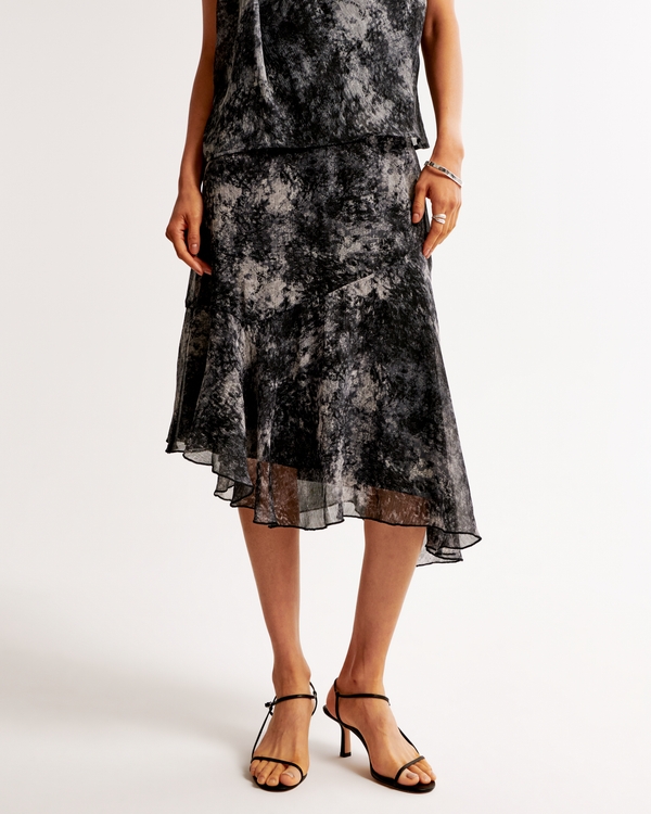 Crinkle Asymmetrical Midi Skirt, Black Pattern view 2