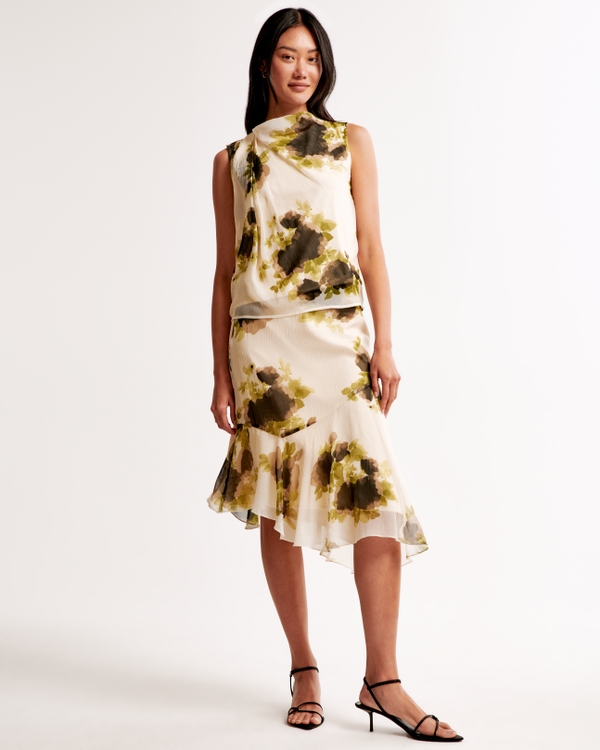 Crinkle Asymmetrical Midi Skirt, Green Pattern view 1