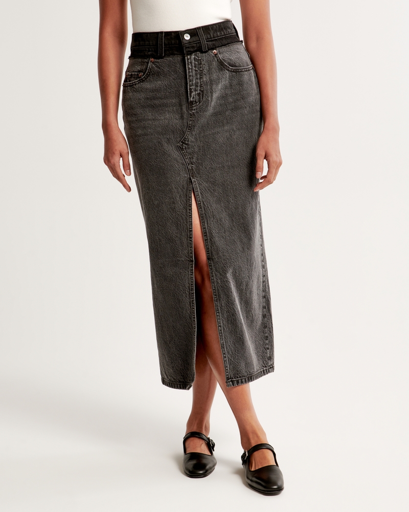 Stacked Waistband Denim Maxi Skirt