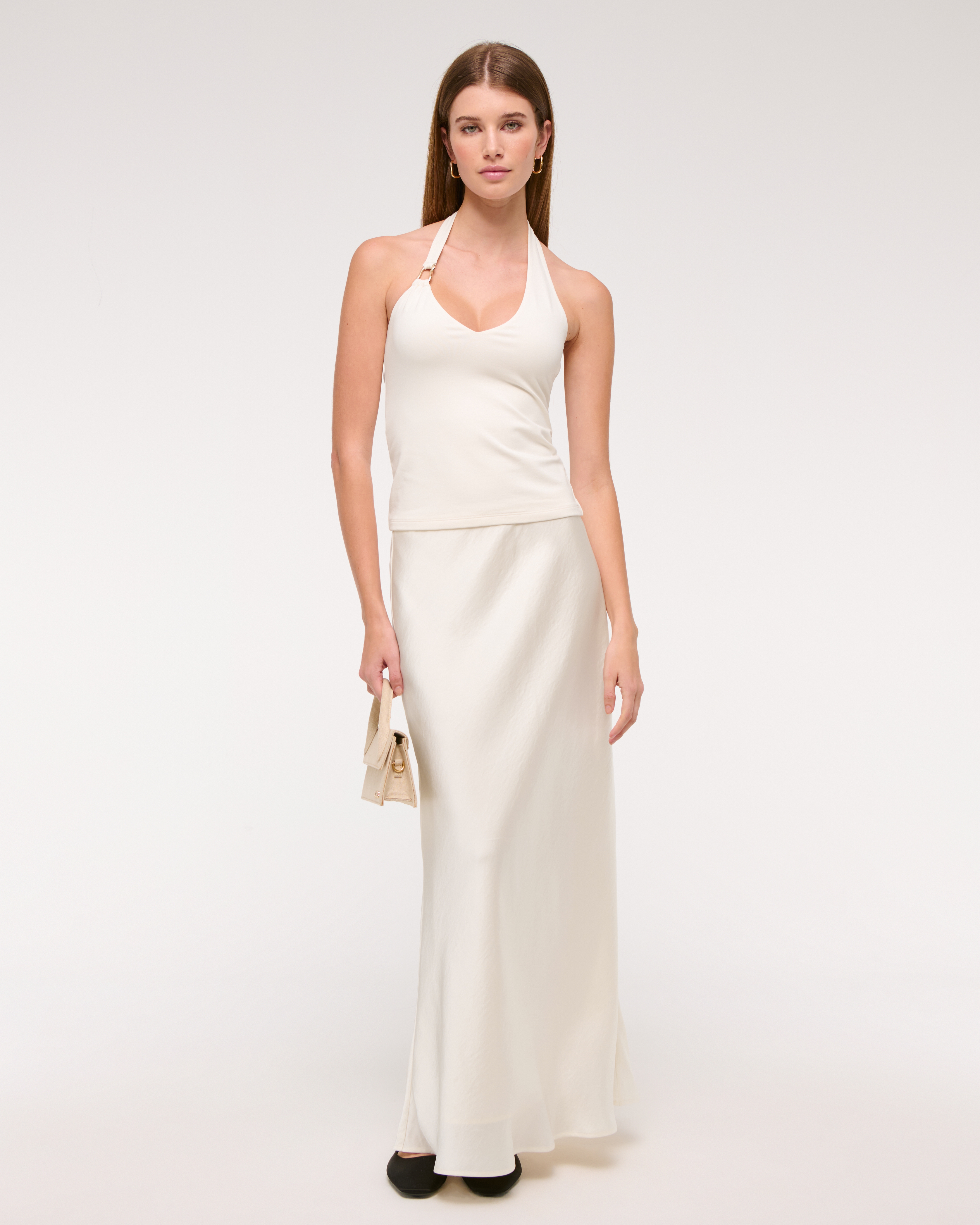 Abercrombie & Fitch Mid Rise Satin Maxi Skirt In White