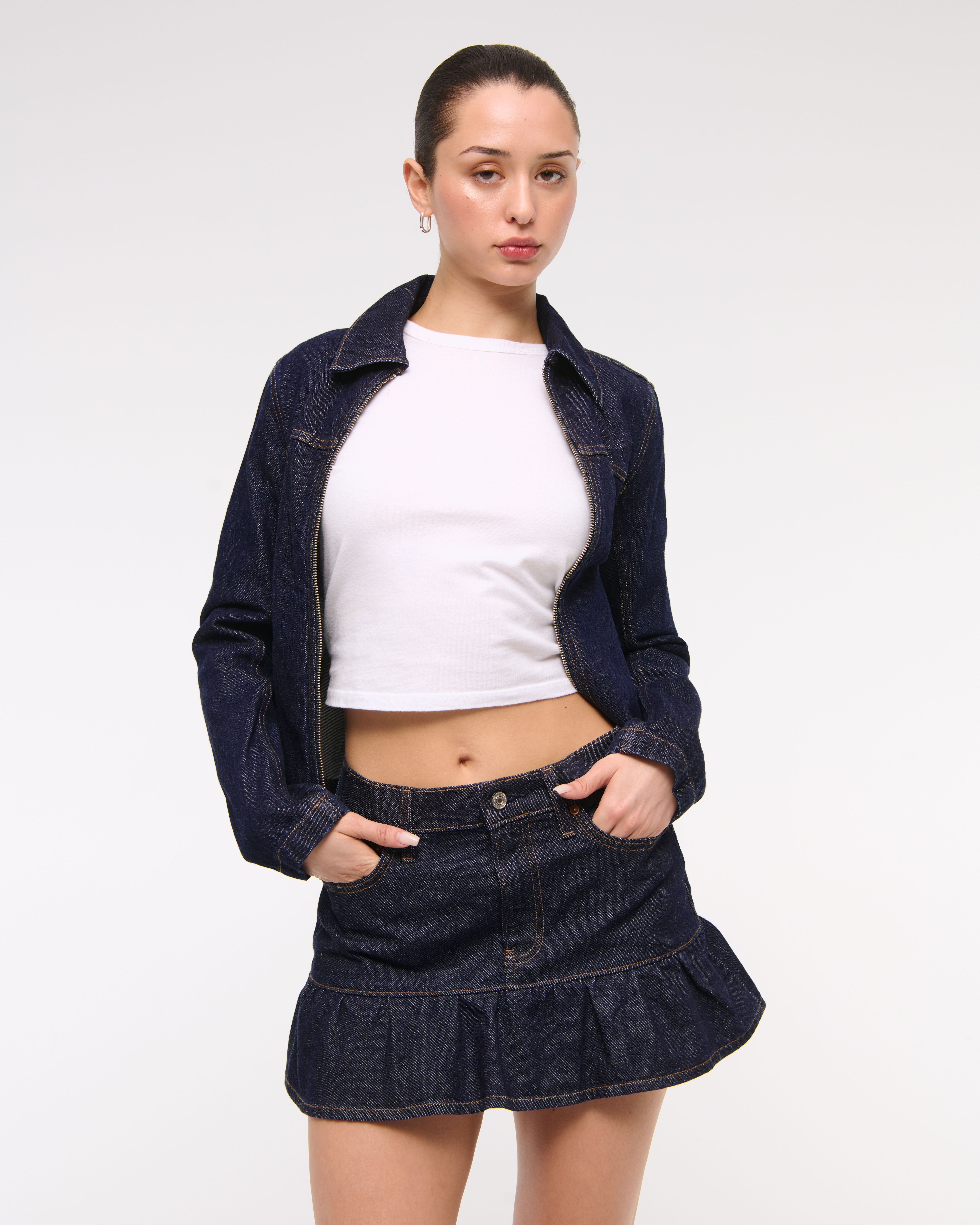 Abercrombie & Fitch Mid Rise Drop-waist Ruffle Denim Mini Skirt In Blue