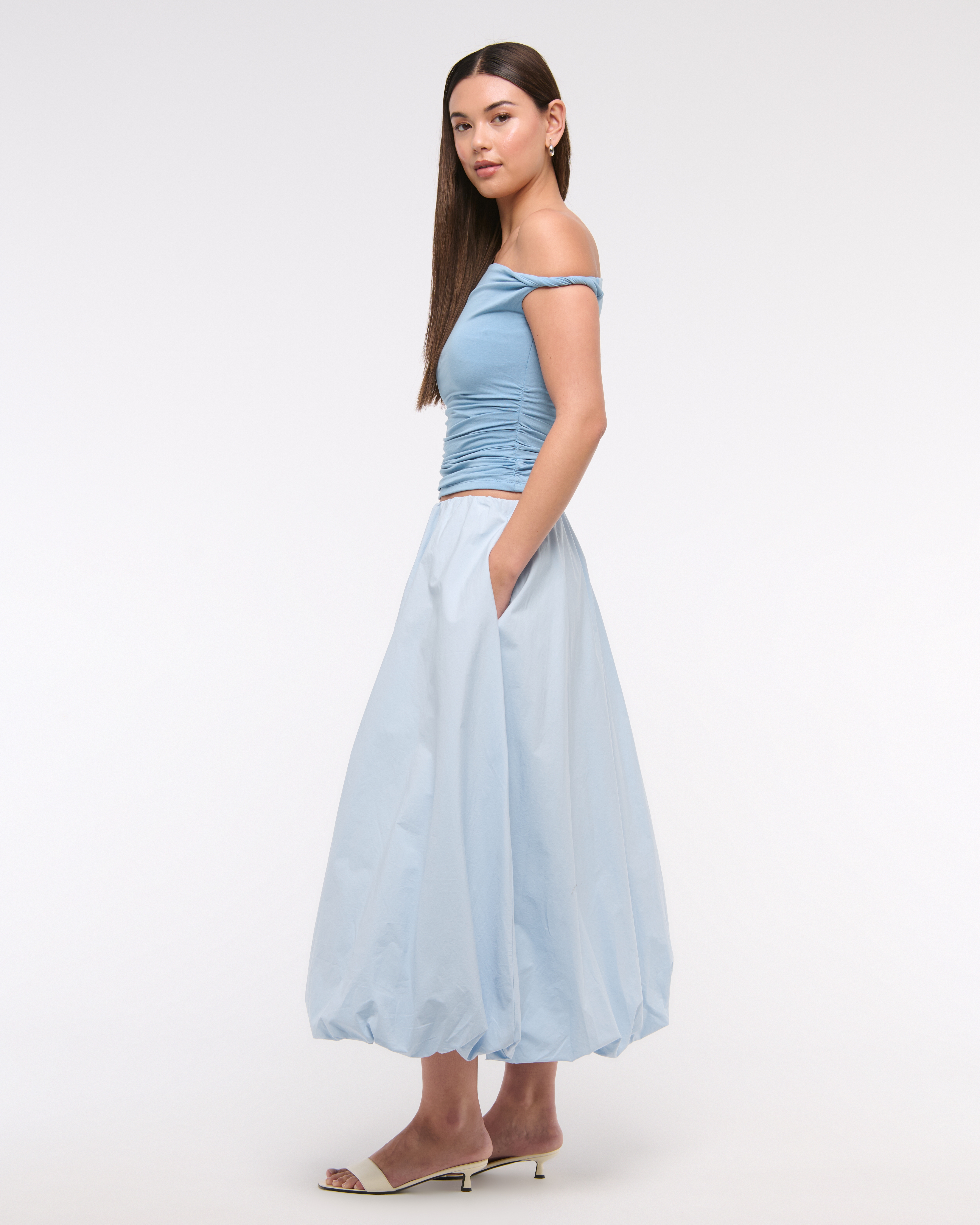 Abercrombie & Fitch Mid Rise Bubble Hem Maxi Skirt In Blue