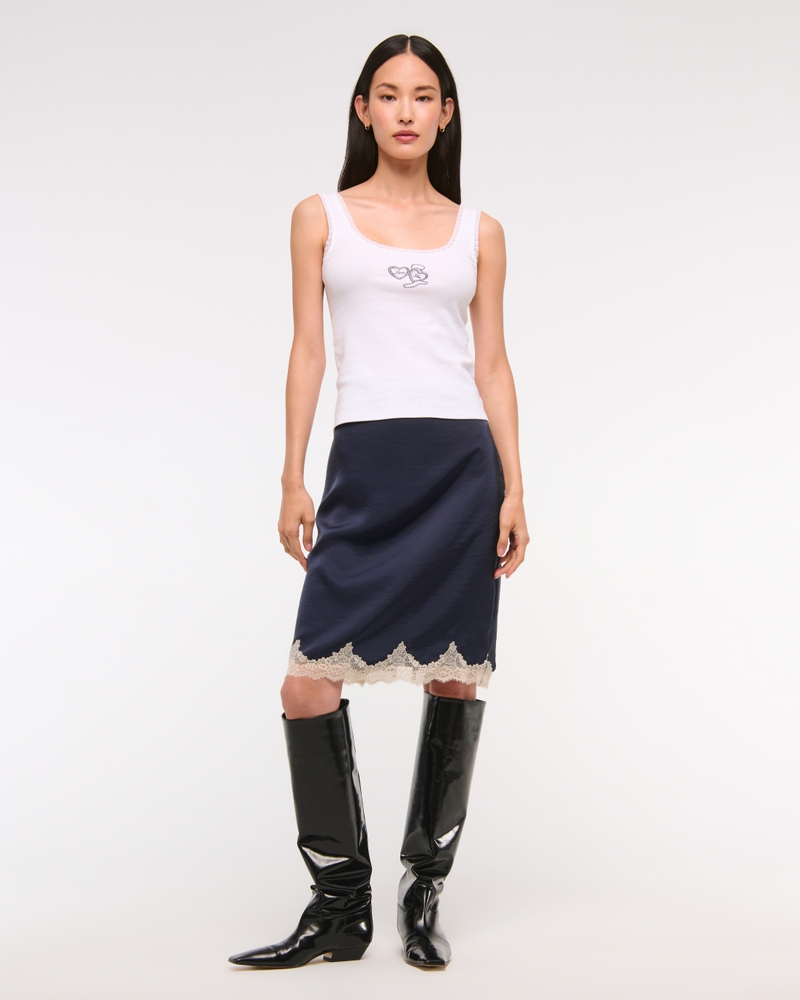 High Rise Satin Lace-Hem Midi Skirt