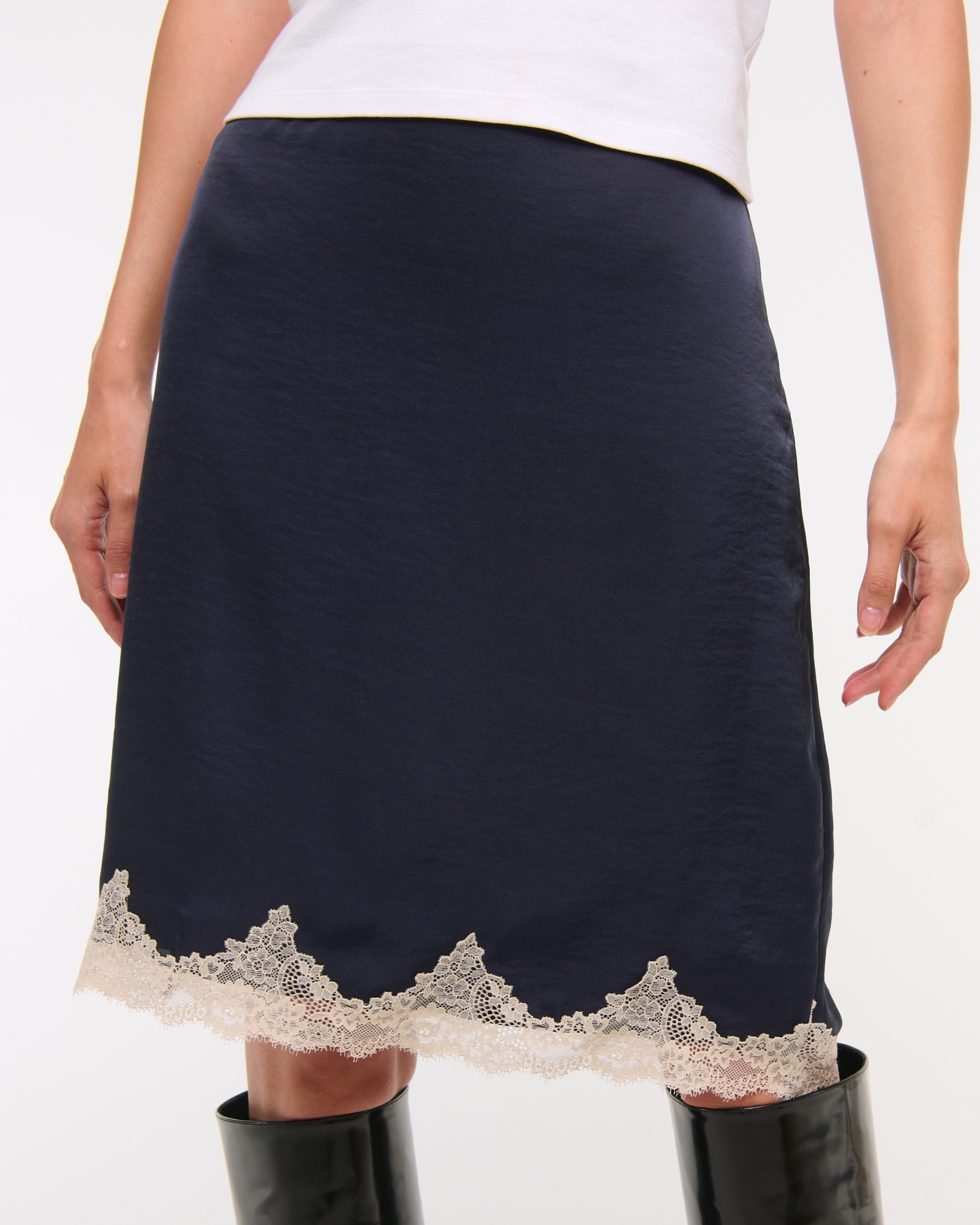 High Rise Satin Lace-Hem Midi Skirt