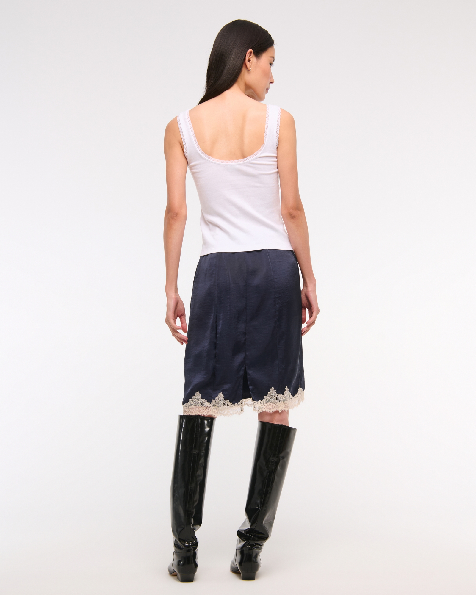 High Rise Satin Lace-Hem Midi Skirt