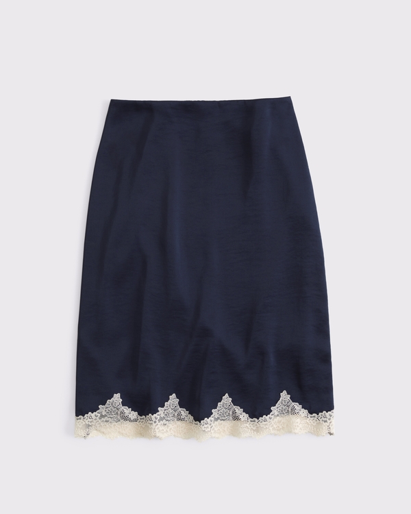 High Rise Satin Lace-Hem Midi Skirt, Dark Indigo view 1