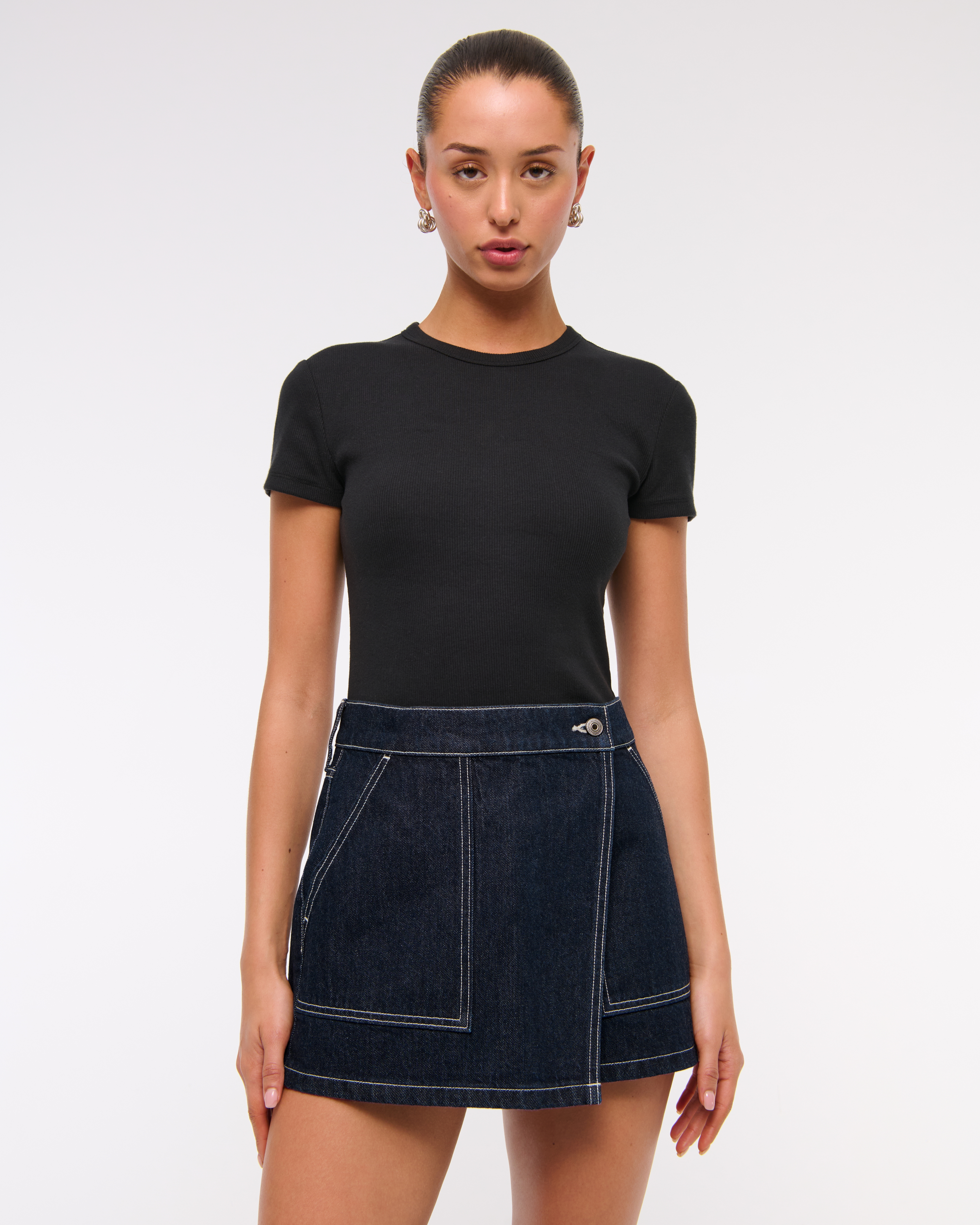 Abercrombie & Fitch Mid Rise Denim Wrap Mini Skirt In Blue