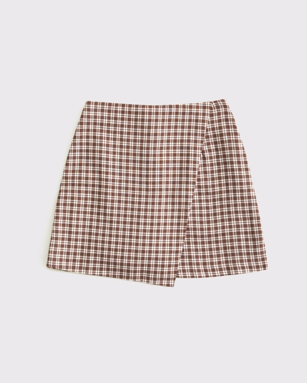 The A&F Scarlett Linen-Blend Wrap Mini Skort, Brown Plaid view 1