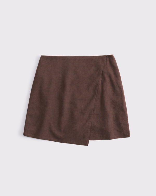 The A&F Scarlett Linen-Blend Wrap Mini Skort, Brown view 1