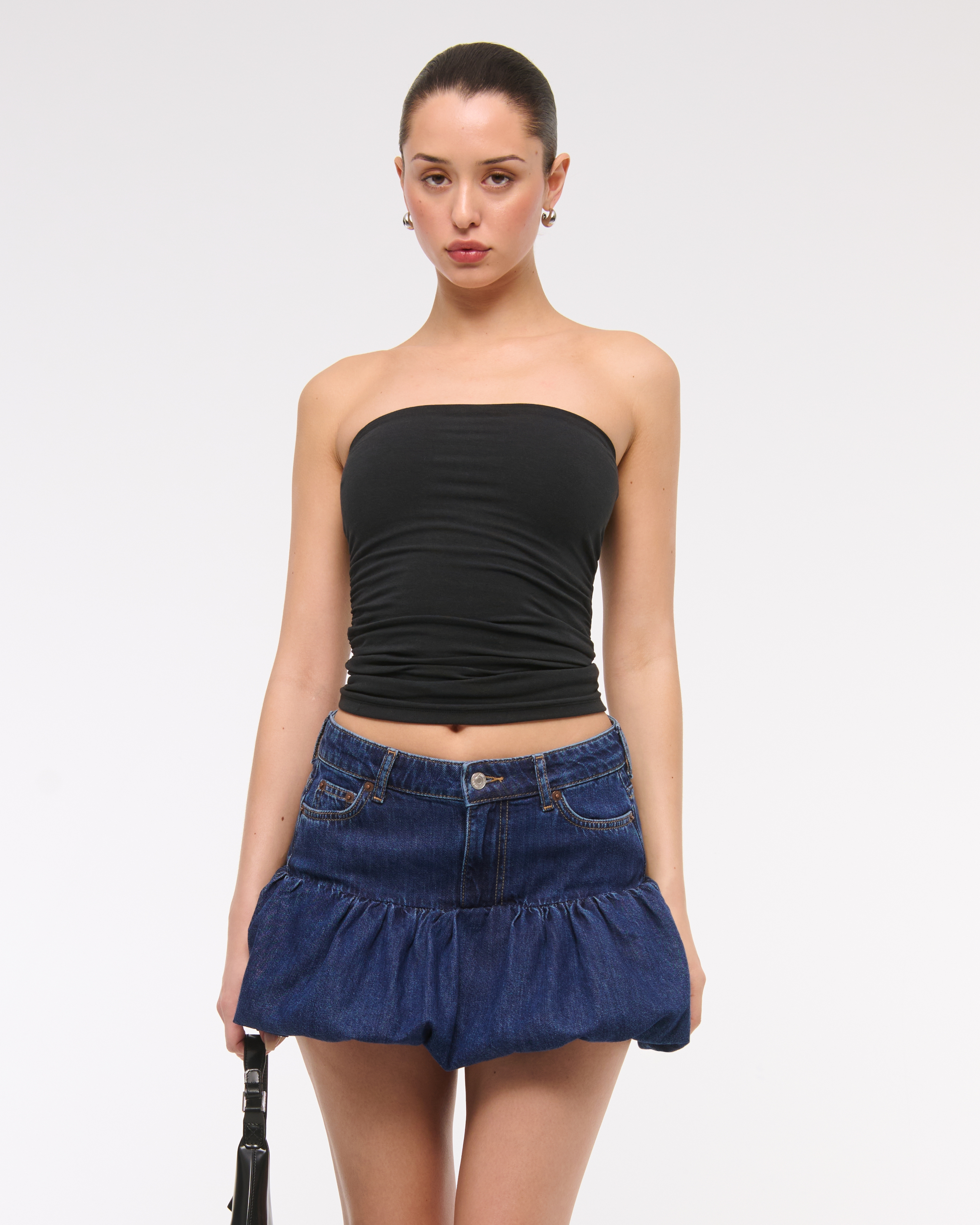 Abercrombie & Fitch Mid Rise Bubble Hem Denim Micro Skirt In Blue