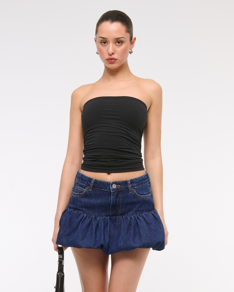 Mid Rise Bubble Hem Denim Micro Mini Skort