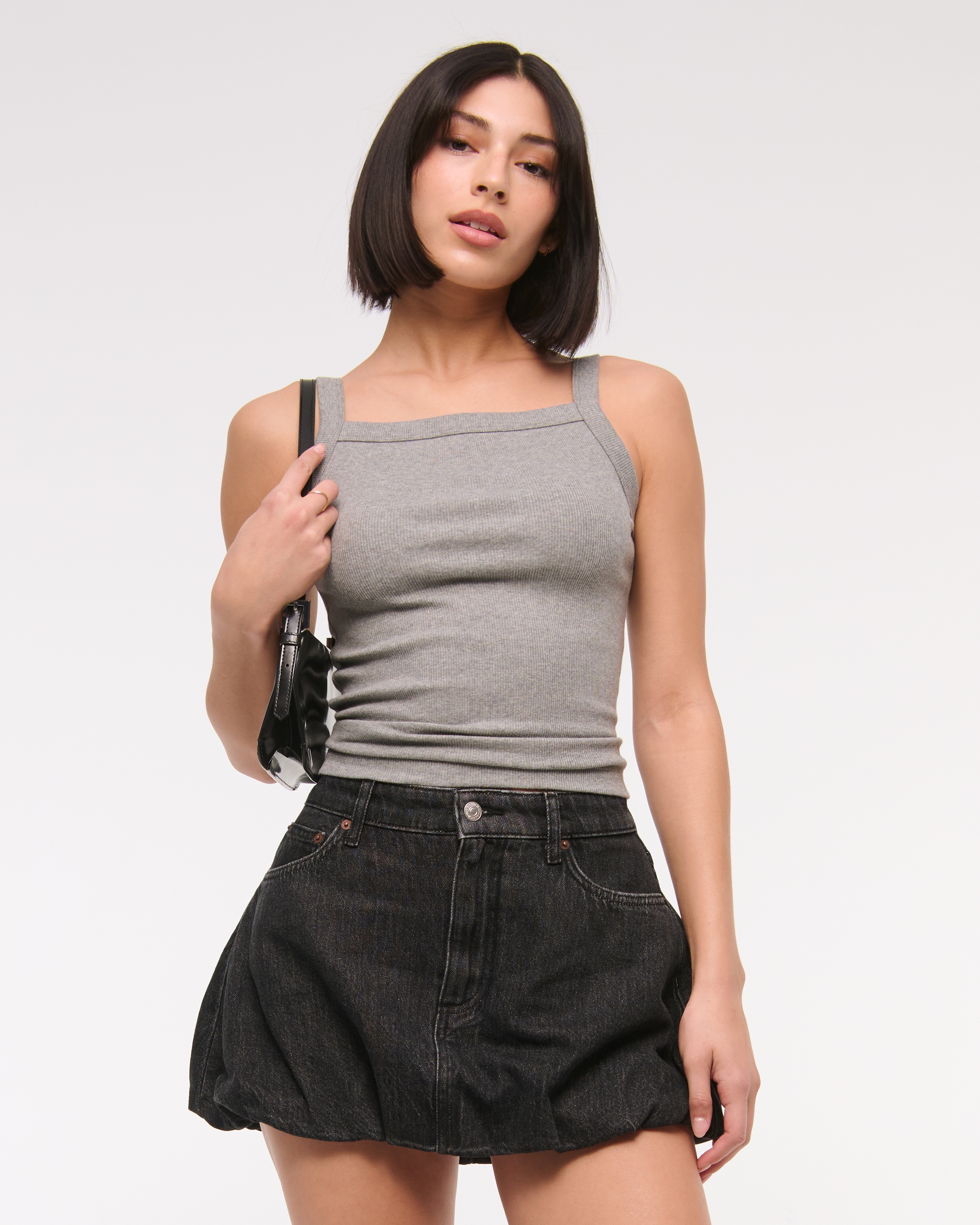 Abercrombie & Fitch Mid Rise Bubble Hem Denim Mini Skirt In Black