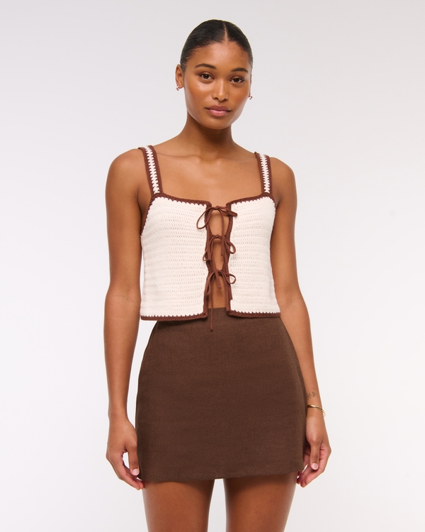 The A&F Scarlett Curve Love Linen-Blend Mini Skort, Brown view 1