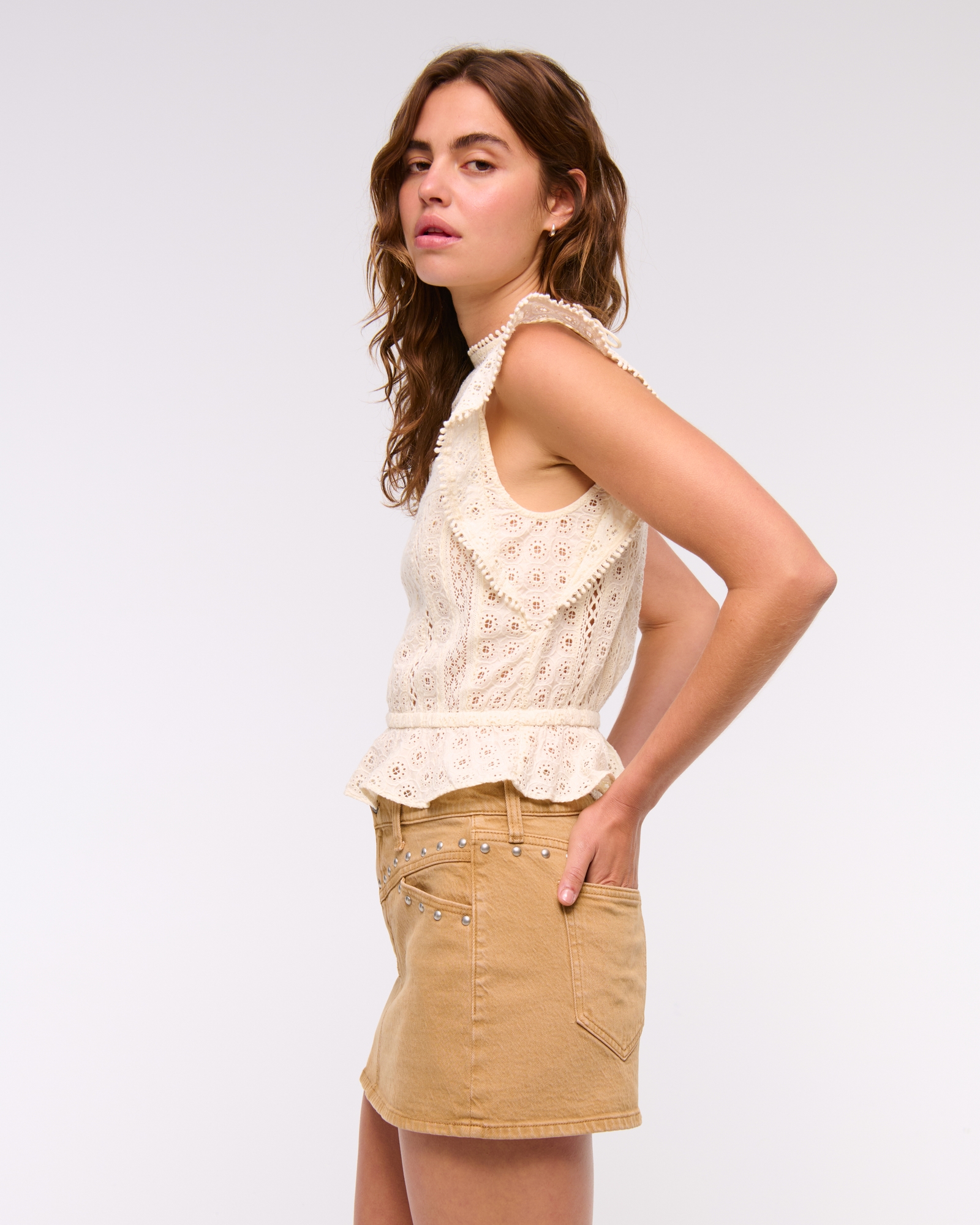 Mid Rise Studded Denim Mini Skirt