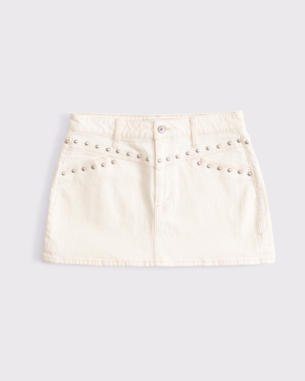 Curve Love Mid Rise Studded Denim Mini Skirt, Cream view 1