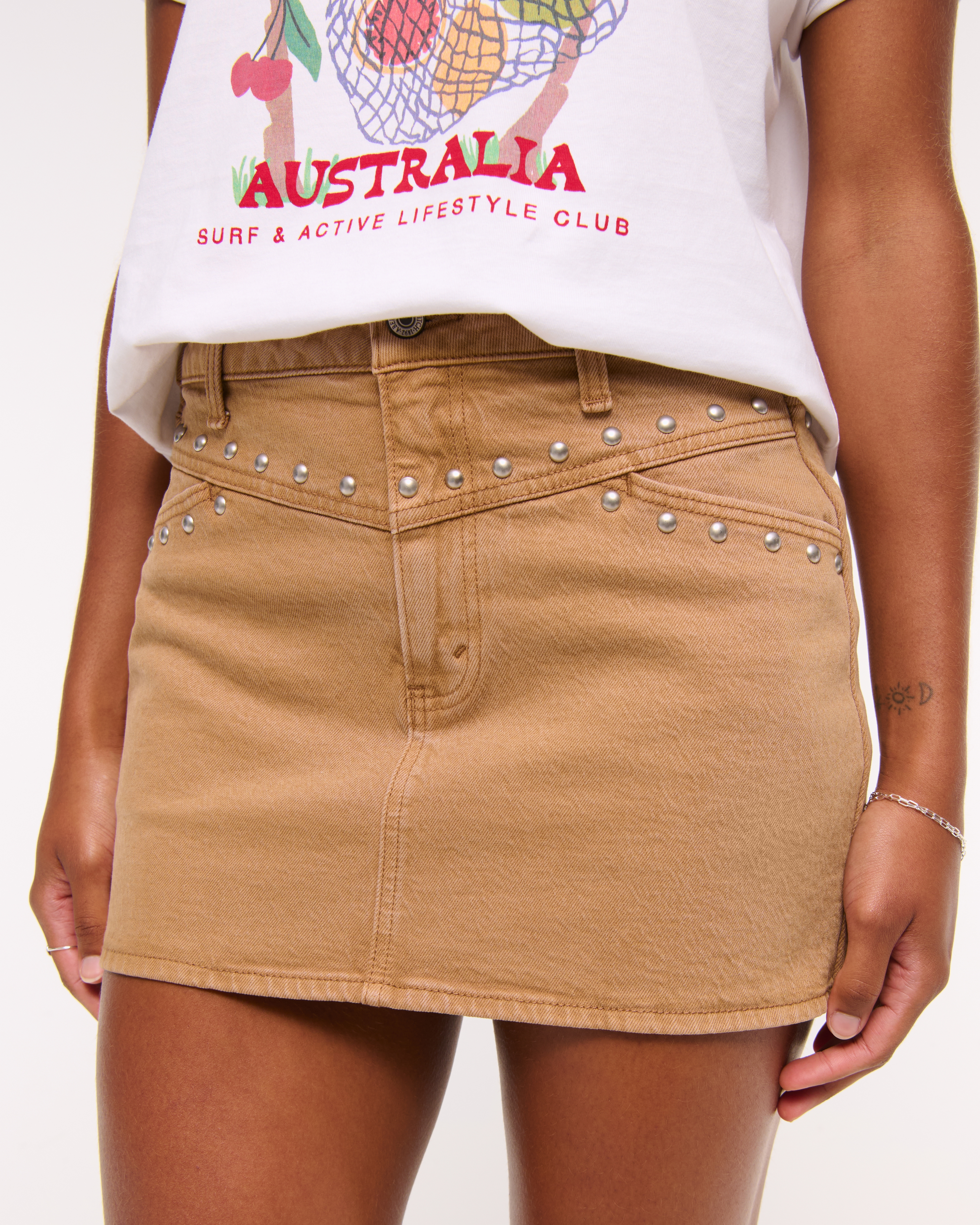 Abercrombie & Fitch Curve Love Mid Rise Denim Studded Mini Skirt In Brown