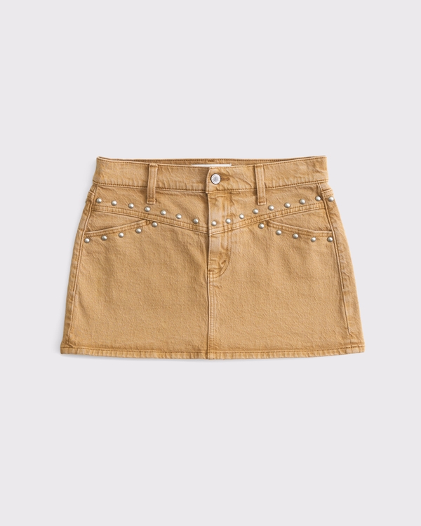 Curve Love Mid Rise Denim Studded Mini Skirt, Brown view 1